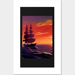 OUTWARD BOUND SQUARE RIGGED VESSEL AT SUNRISE Posters and Art